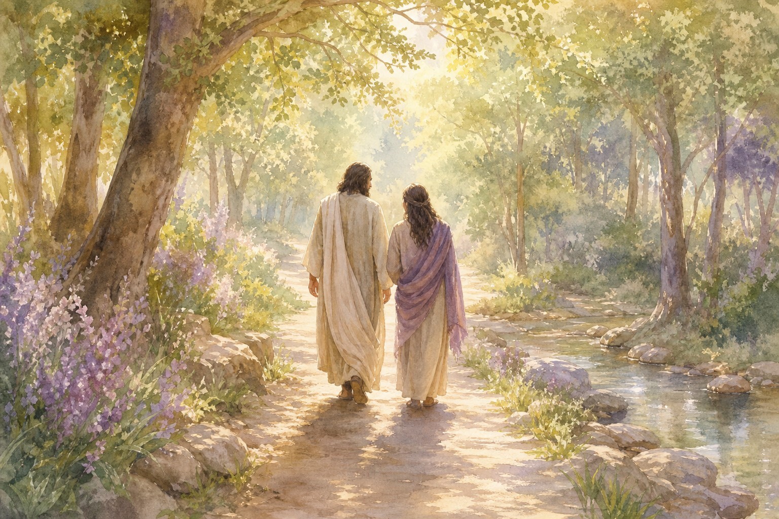 Two people walking a sunlit forest path